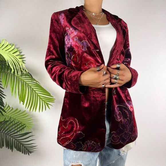Women's Vintage 90s Fairy Grunge Red Velvet Floral Boho Whimsigoth Blazer / 10 - Picture 4 of 7